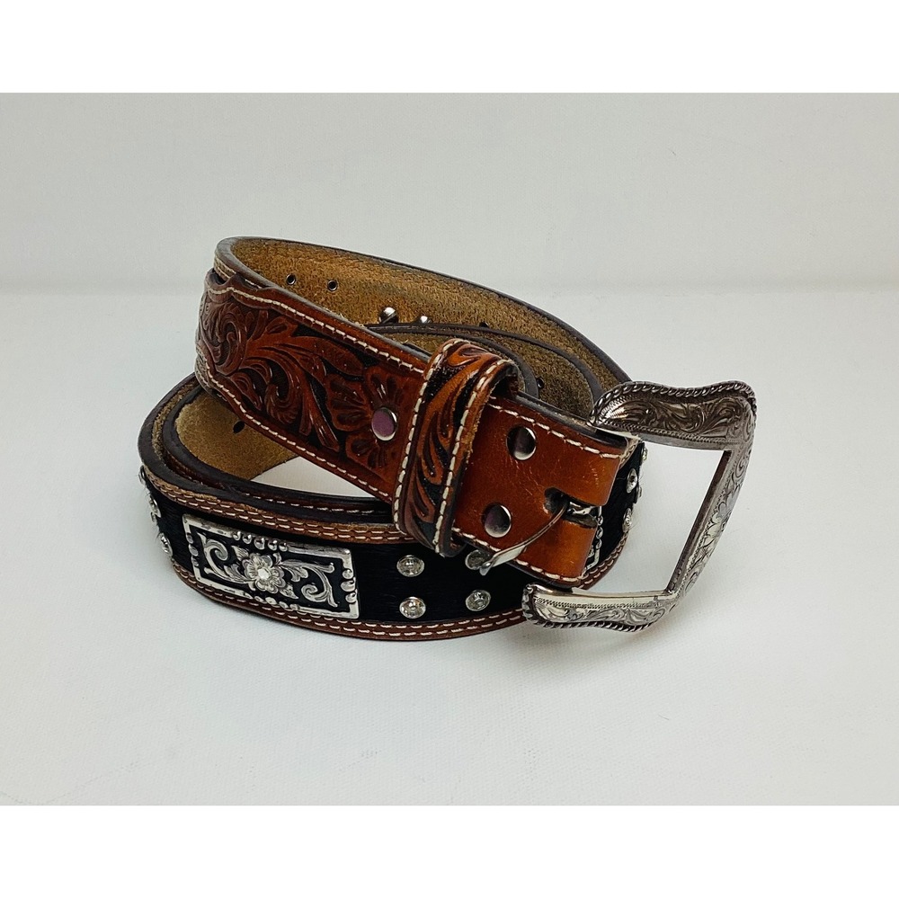 Nocona Women's Concho Leather Rhinestone Silver‎ Floral Buckle 2-Tone Belt Sz 38